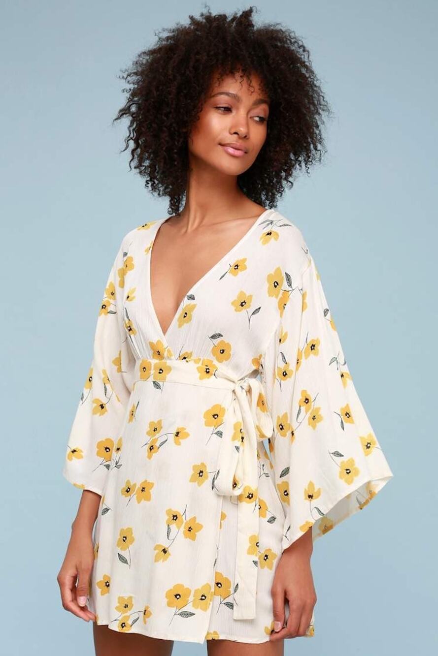 Billabong Women’s Relax on High Cream Floral Print Wrap Dress Sz XS Beachy